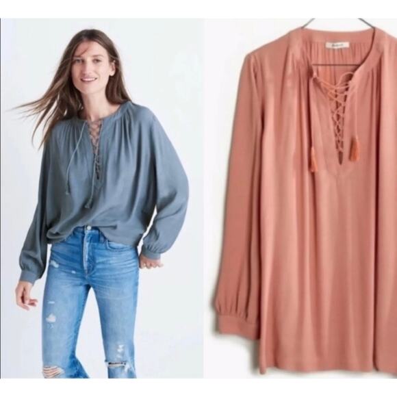 Madewell Tops - Madewell Size M Blouse Lace Up Front Detail Long Sleeve Dusty Rose Top Women